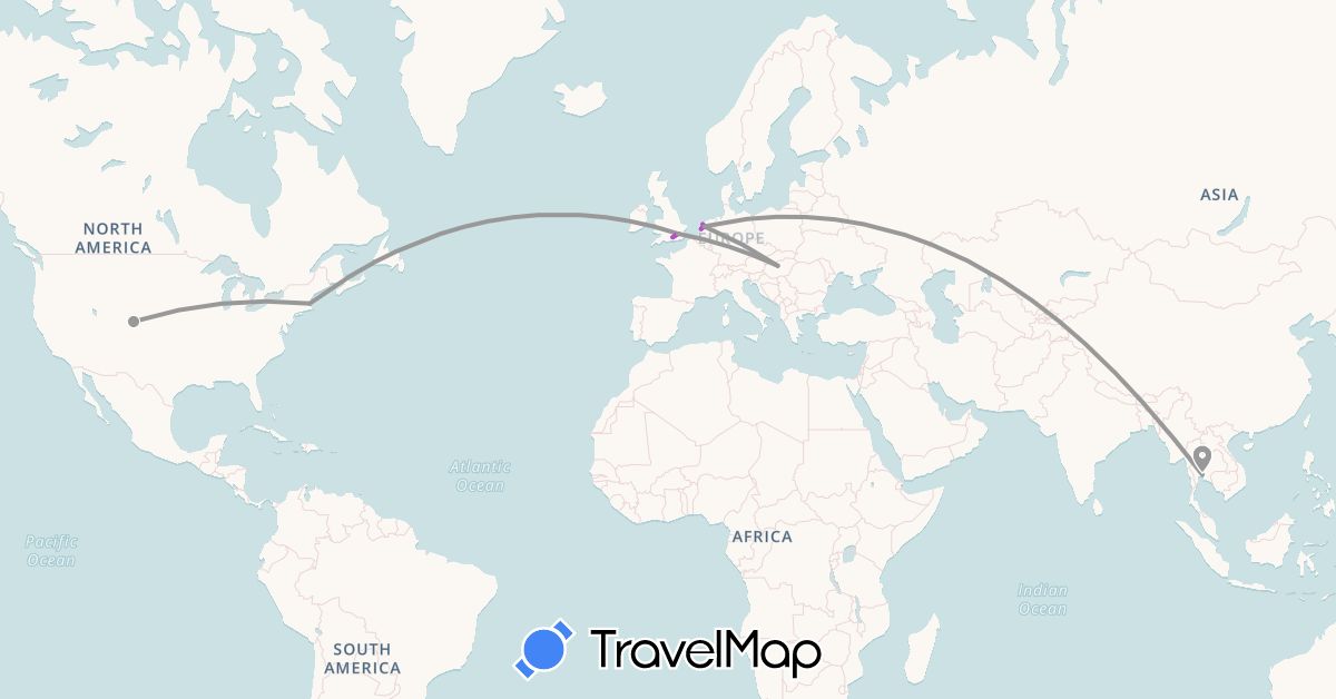 TravelMap itinerary: plane, train in United Kingdom, Hungary, Netherlands, Thailand, United States (Asia, Europe, North America)
